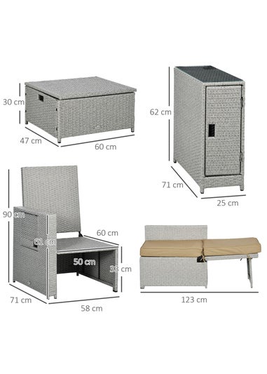 Outsunny Recliner Rattan Sun Lounger with Storage Tea Table and Footstools