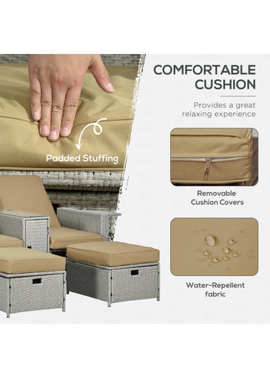 Outsunny Recliner Rattan Sun Lounger with Storage Tea Table and Footstools