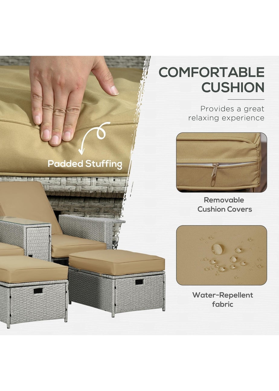 Outsunny Recliner Rattan Sun Lounger with Storage Tea Table and Footstools