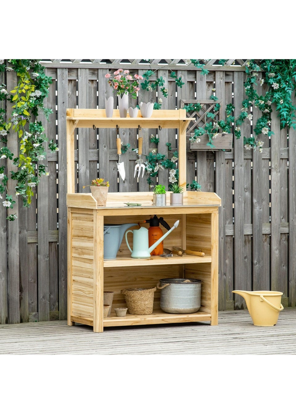 Outsunny Potting Bench Table Workstation with Galvanized Tabletop and Storage Shelf