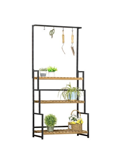 Outsunny 3 Tiered Plant Stand Rack with Hanging Hooks for Indoor Outdoor