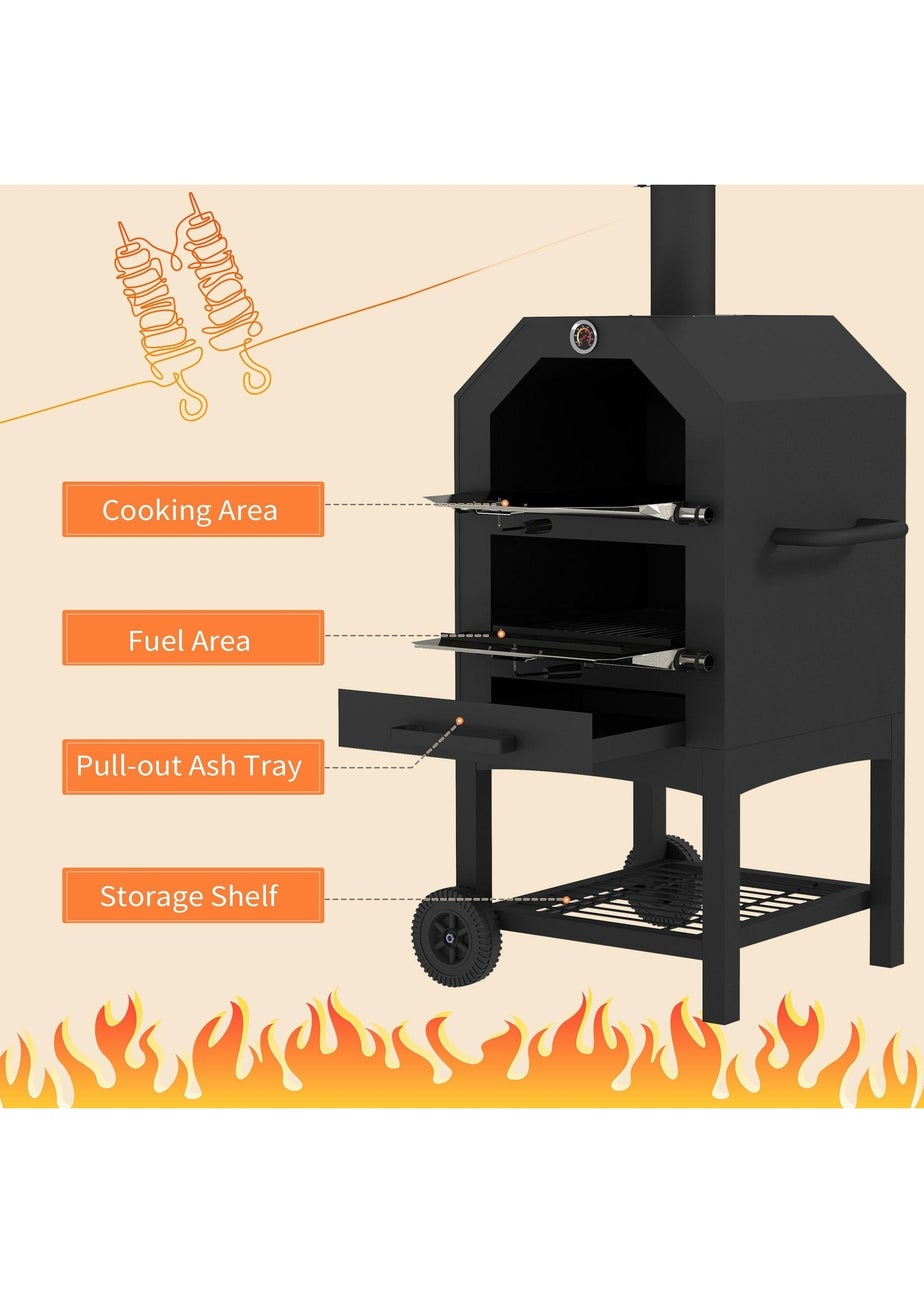 Outsunny Outdoor Pizza Oven Charcoal Grill with Rain Cover, Shelf & Wheels