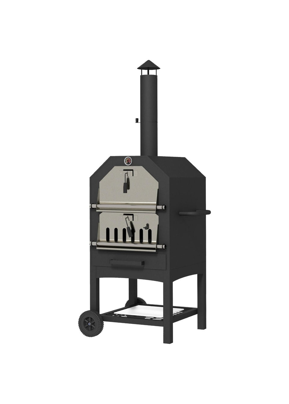 Outsunny Outdoor Pizza Oven Charcoal Grill with Rain Cover, Shelf & Wheels