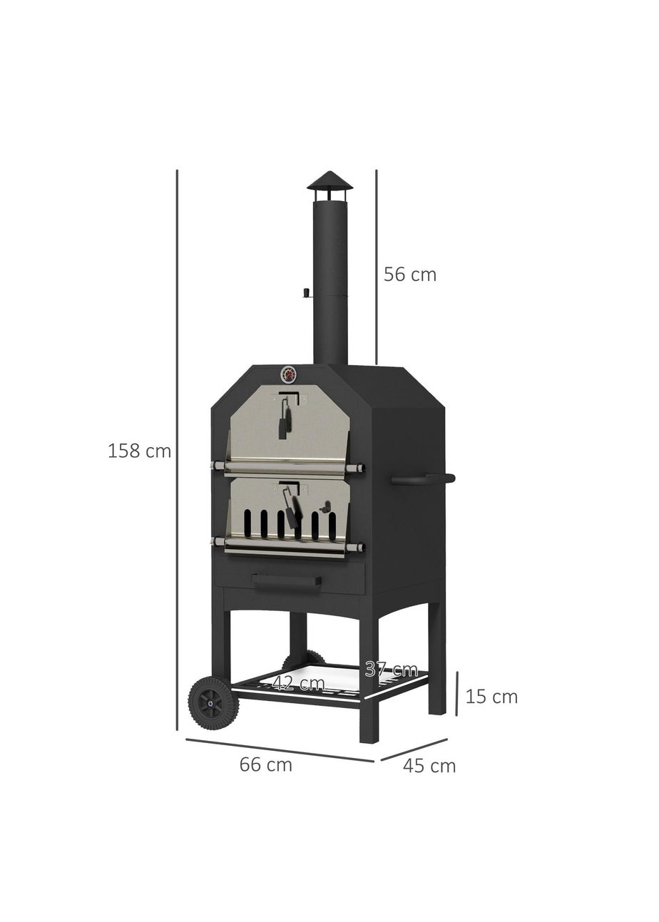 Outsunny Outdoor Pizza Oven Charcoal Grill with Rain Cover, Shelf & Wheels