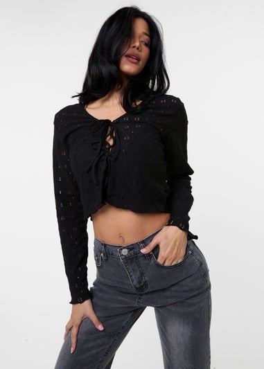 Pink Vanilla Black Tie Front Cutwork Cardigan