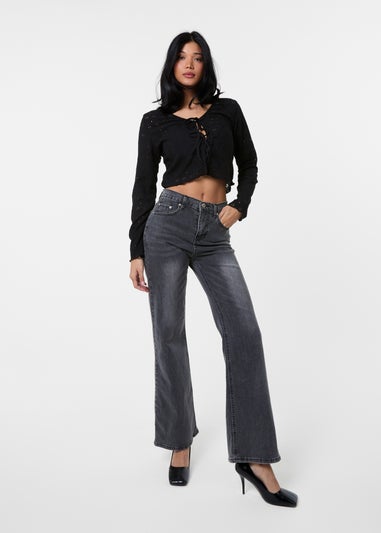 Pink Vanilla Black Tie Front Cutwork Cardigan