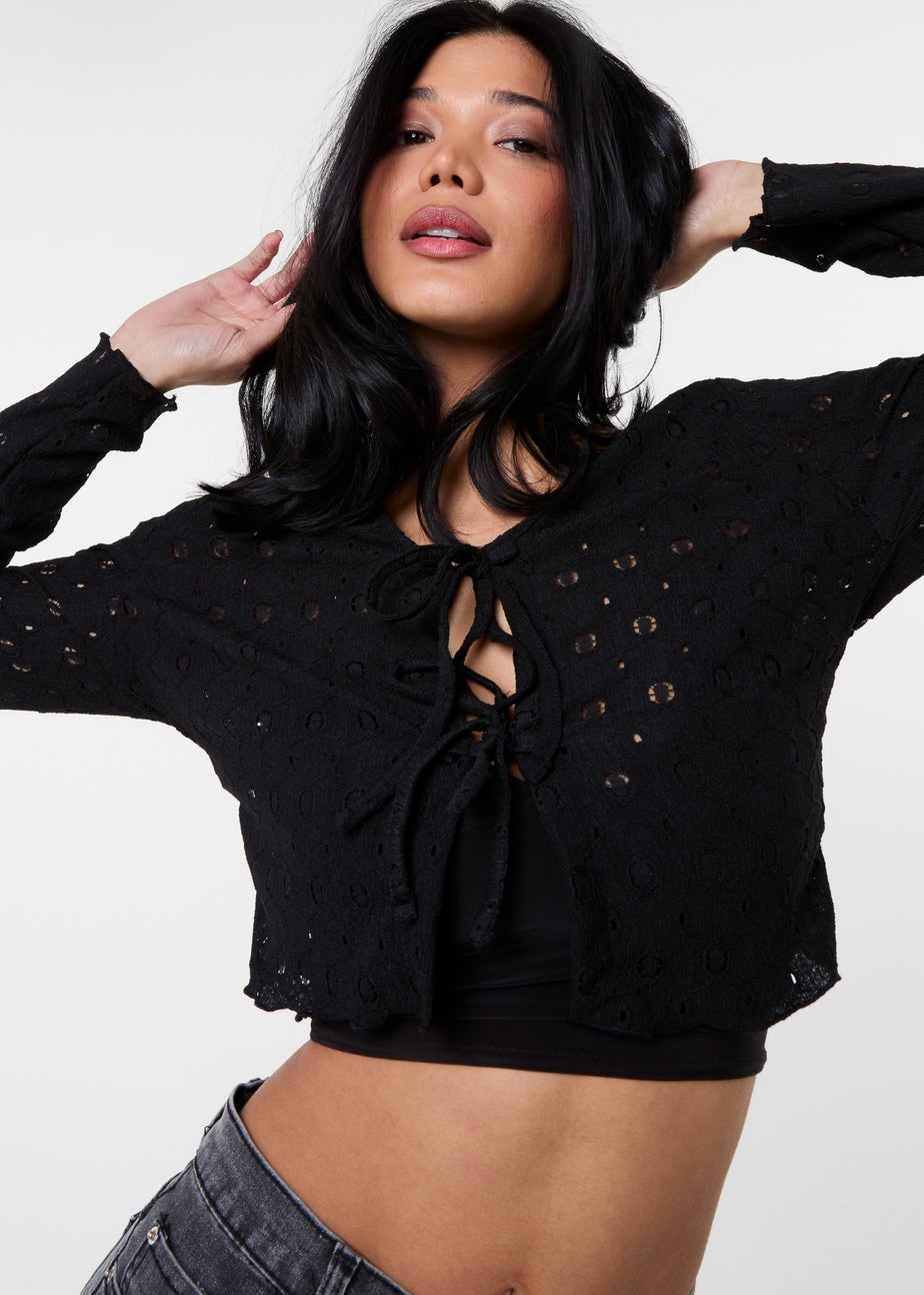 Pink Vanilla Black Tie Front Cutwork Cardigan