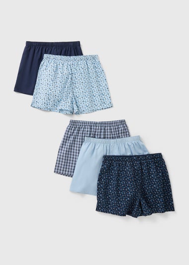 5 Pack Blue Woven Leaf Check Boxers