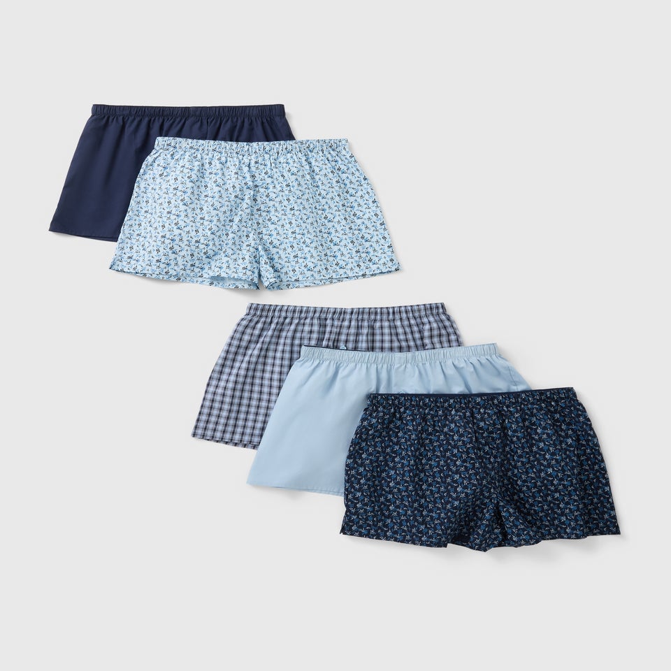 5 Pack Blue Woven Leaf Check Boxers