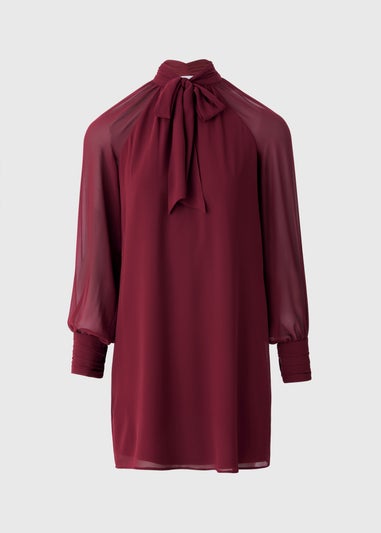 Burgundy Tie Neck Mini Dress