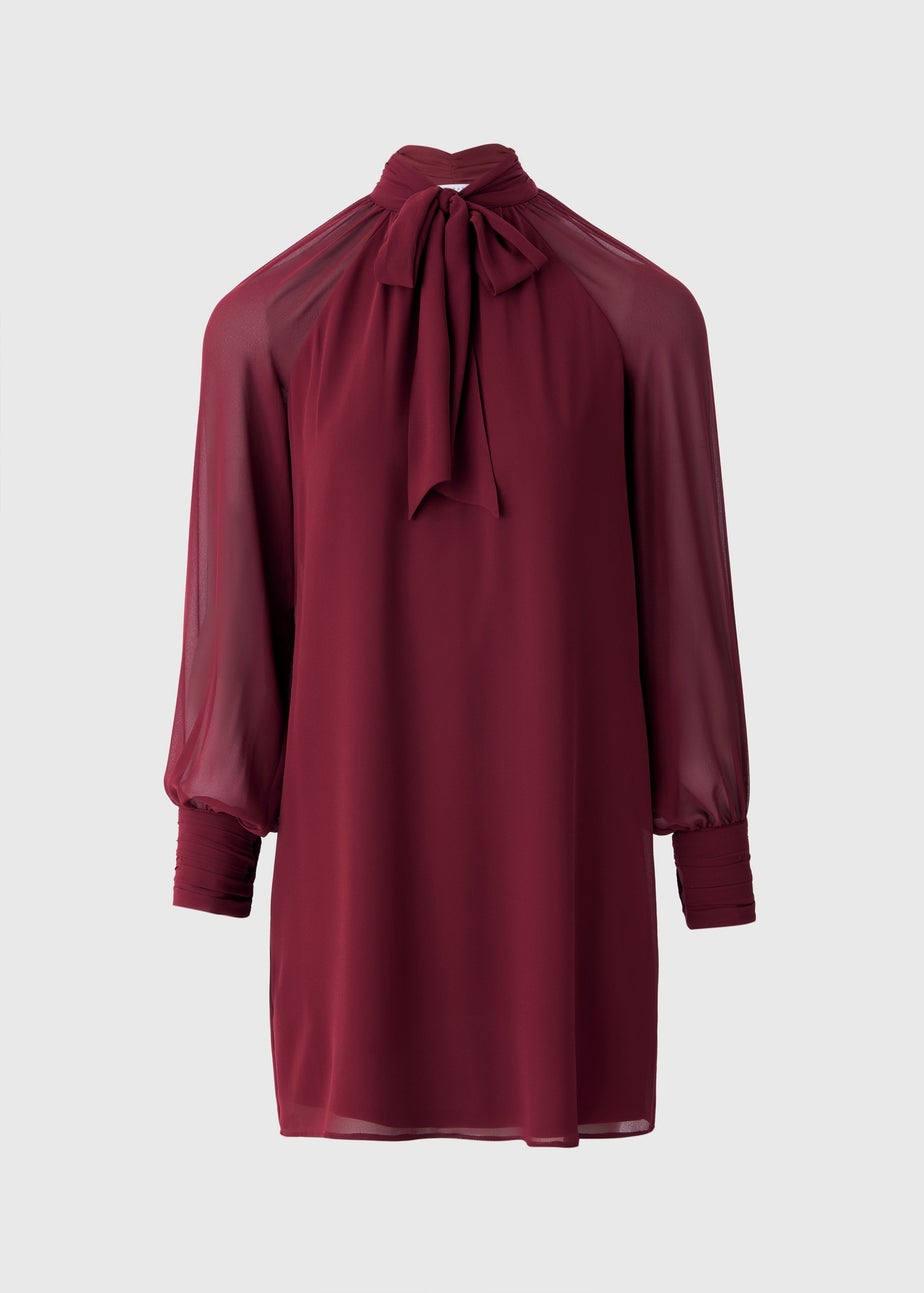 Burgundy Tie Neck Mini Dress