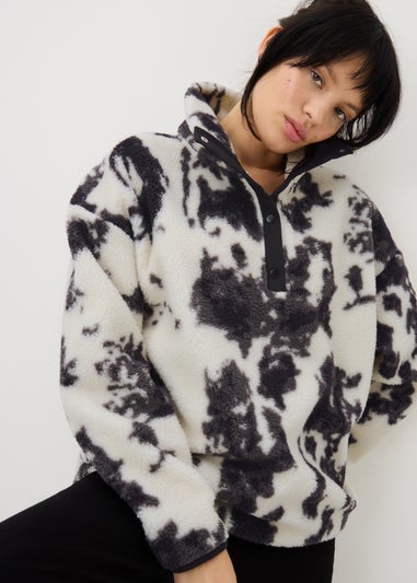 Black Patterned Half Button Borg Fleece