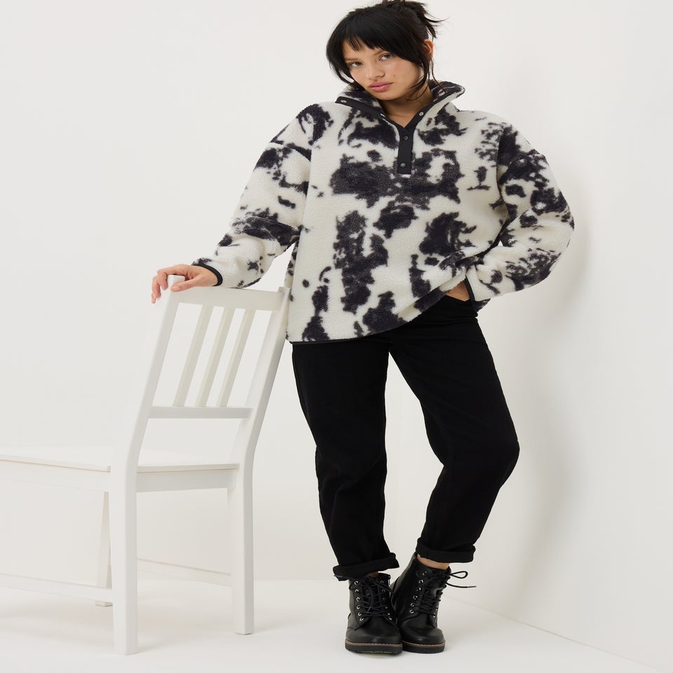 Black Patterned Half Button Borg Fleece