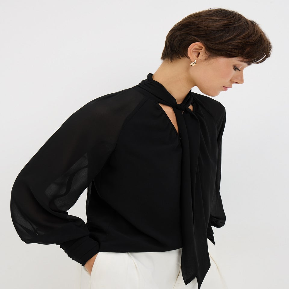 Black Tie Neck Boho Blouse