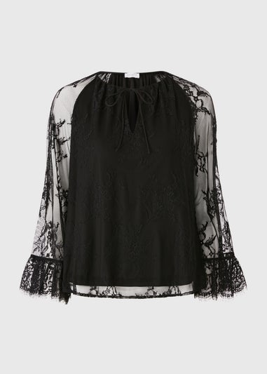 Black Floral Lace Frill Blouse