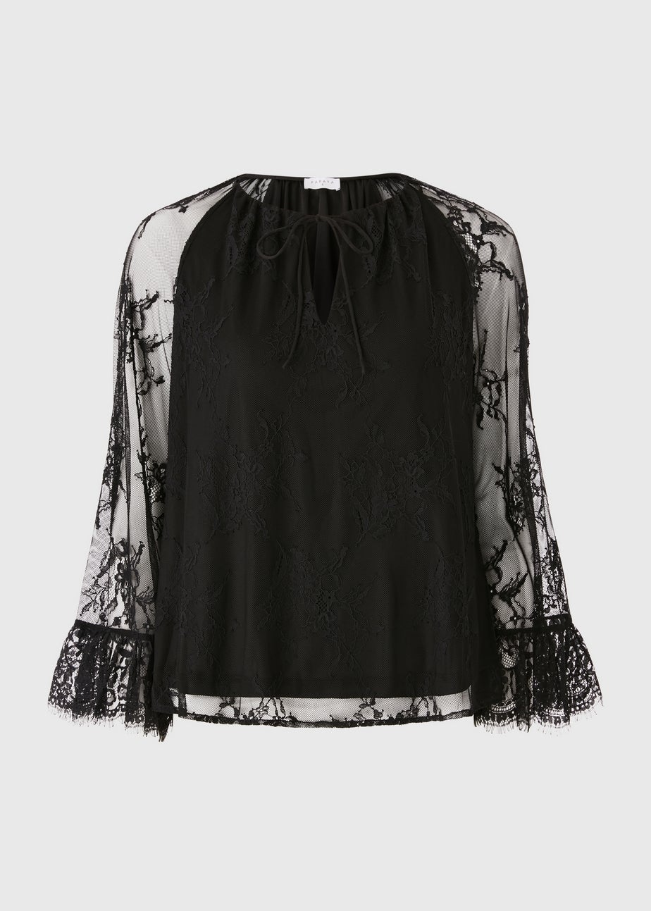 Black Floral Lace Frill Blouse