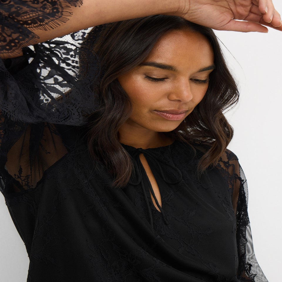 Black Floral Lace Frill Blouse