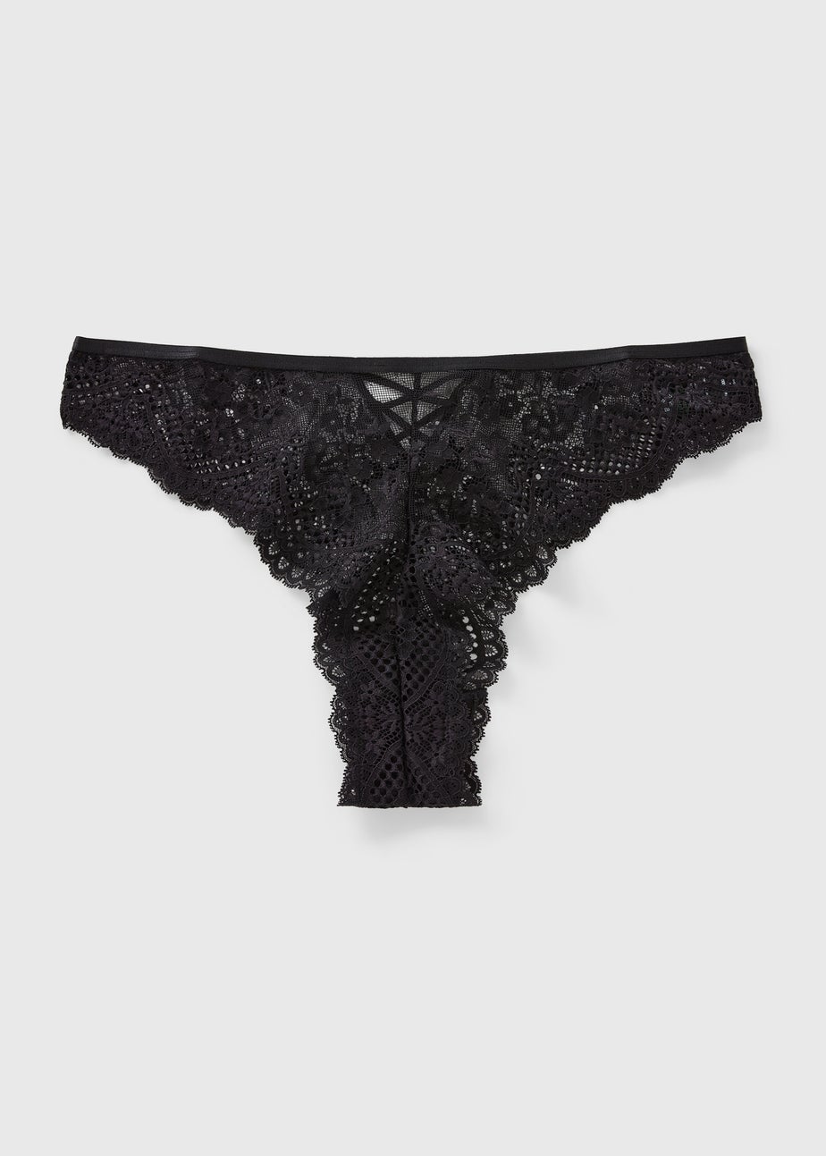 Black Cross Detail Lace Brazilian Knickers