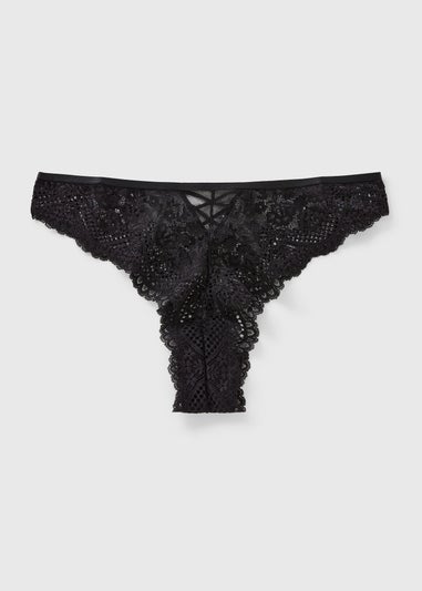 Black Cross Detail Lace Brazilian Knickers