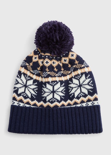 Navy Fairisle Knit Beanie Hat