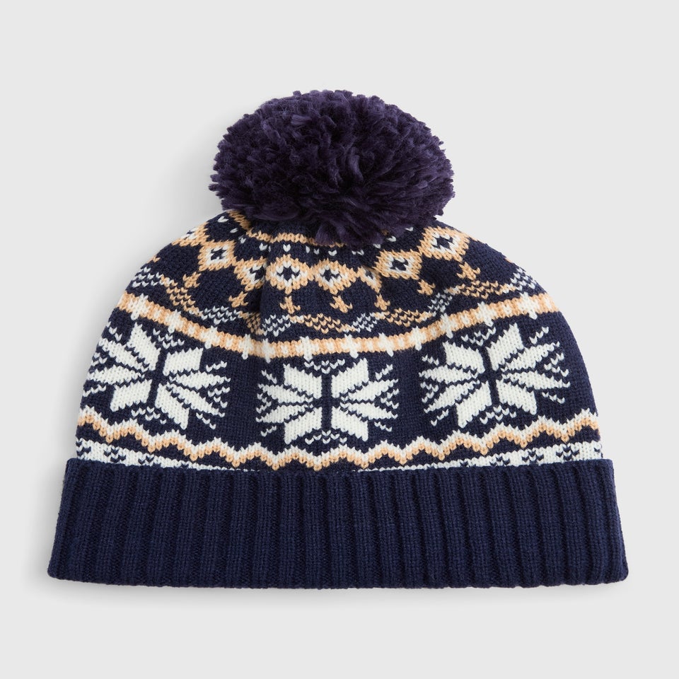 Navy Fairisle Knit Beanie Hat