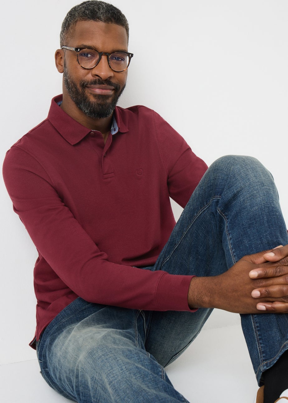 Red Long Sleeve Textured Polo Shirt