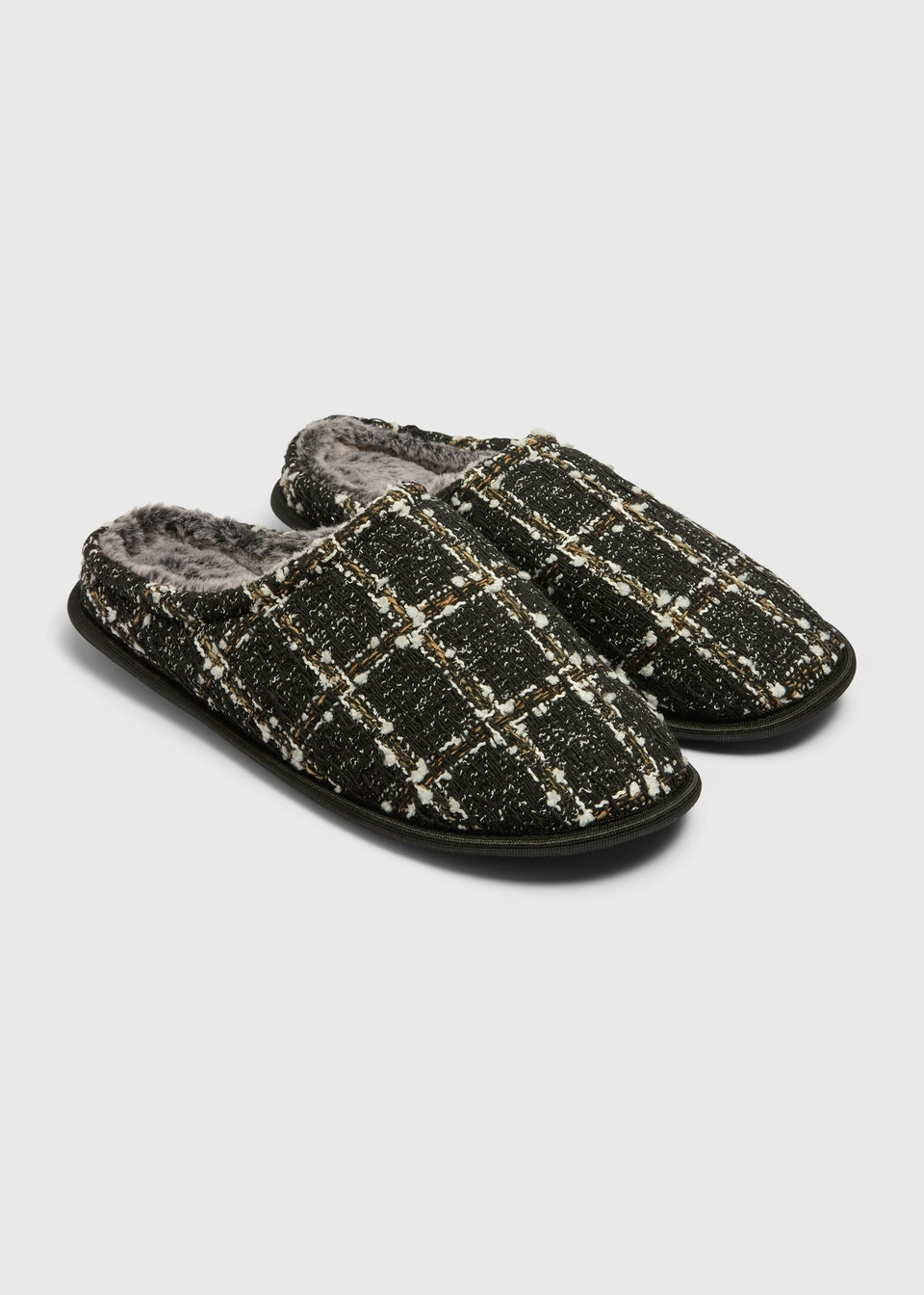 Grey Tweed Check Slippers