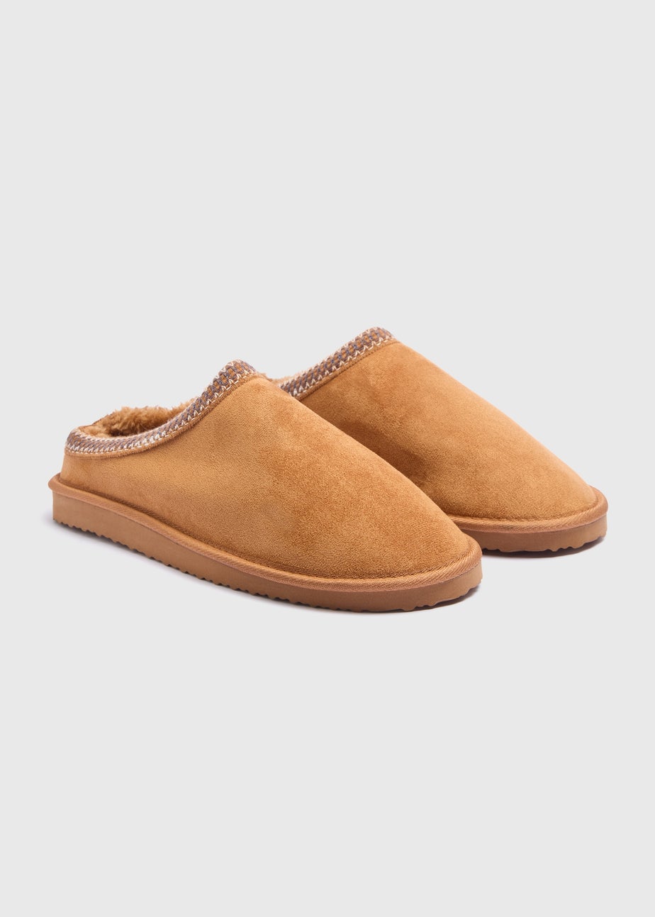 Tan Faux Suede Embroidered Mule Slippers