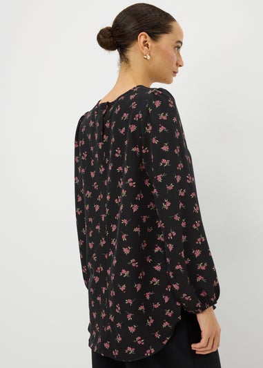 Papaya Petite Black Ditsy Floral Popover Blouse