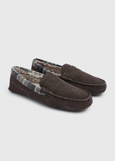 Grey Check Suede Faux Fur Moccasin Slippers