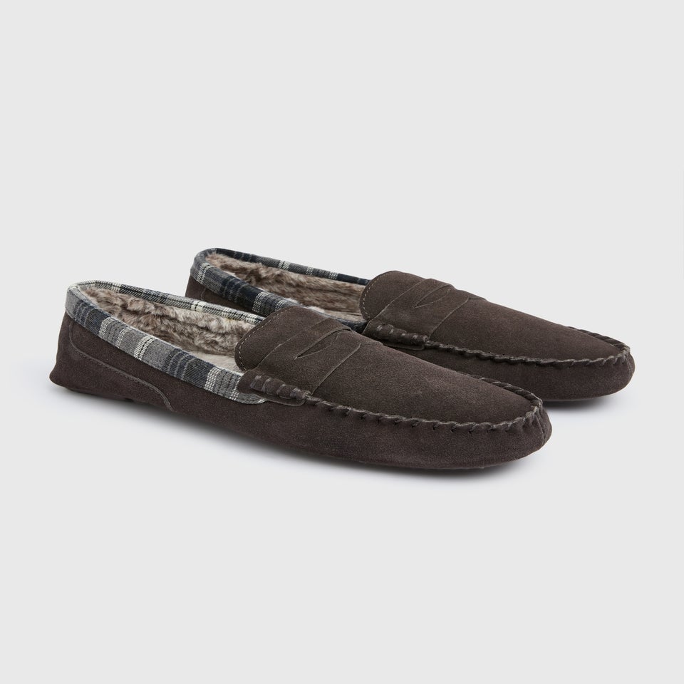 Grey Check Suede Faux Fur Moccasin Slippers