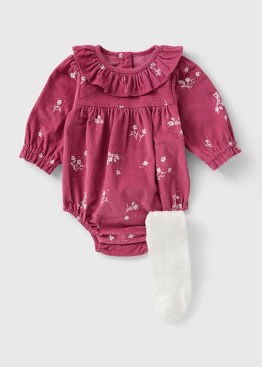 Baby Pink Floral Romper & Tights Set (Newborn-23mths)