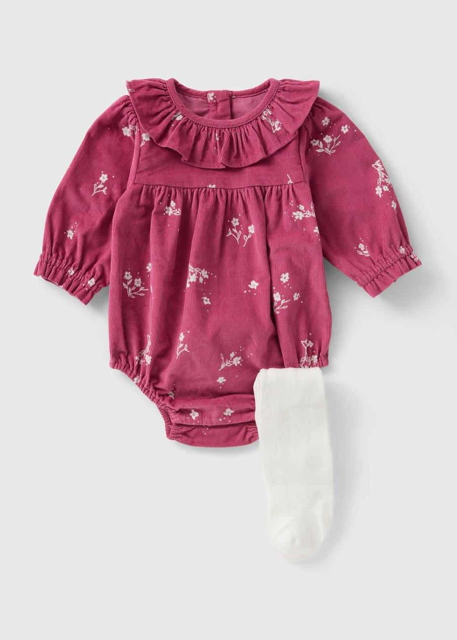 Baby Pink Floral Romper & Tights Set (Newborn-23mths)