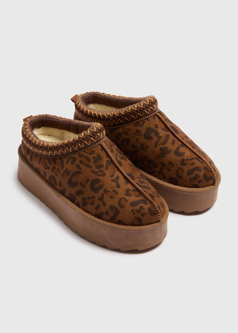 Girls Tan Leopard Snug Platform Mule Boots (Younger 12-Older 5)