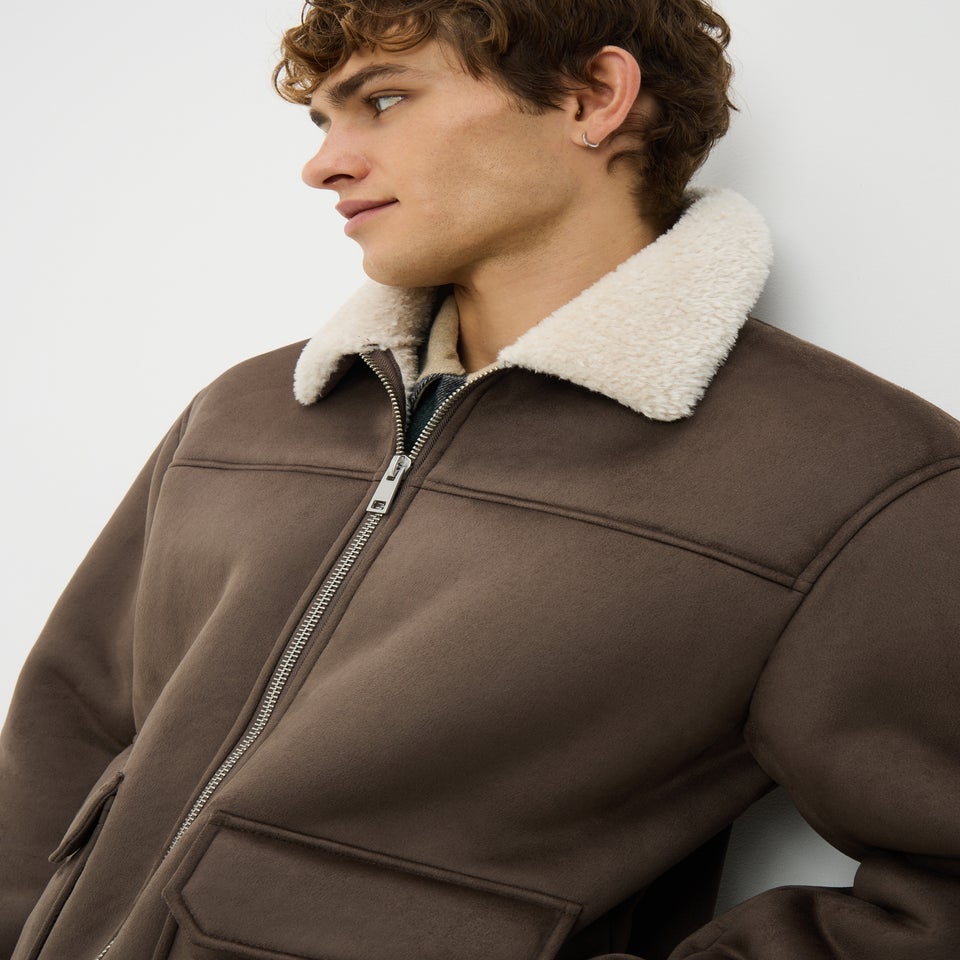 Brown Faux Suede Shearling Jacket