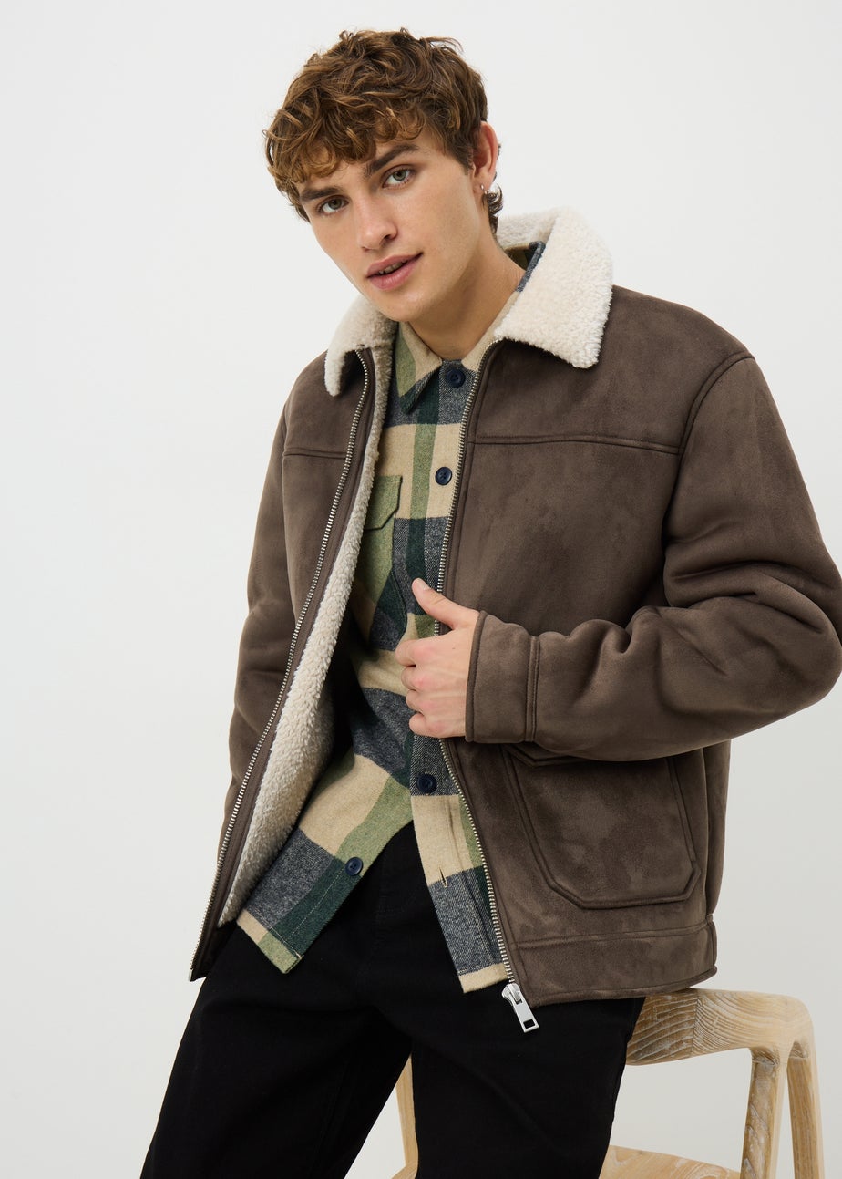 Brown Faux Suede Shearling Jacket