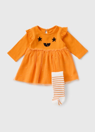 Baby Orange Pumpkin Mesh Dress & Tight Set (Newborn-23mths)