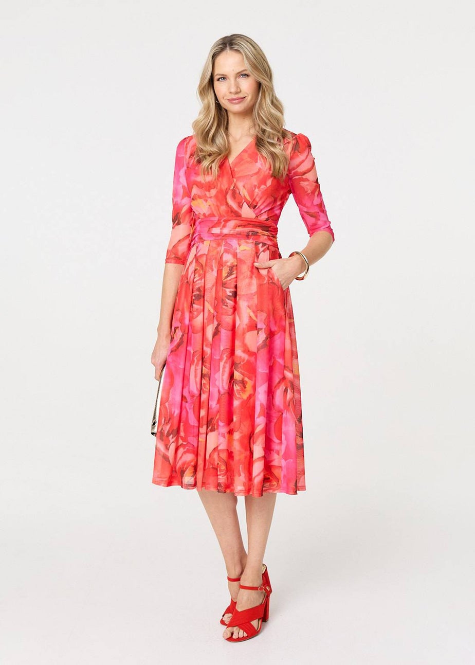 Izabel London Orange Floral Mesh Ruched Midi Faux Wrap Dress