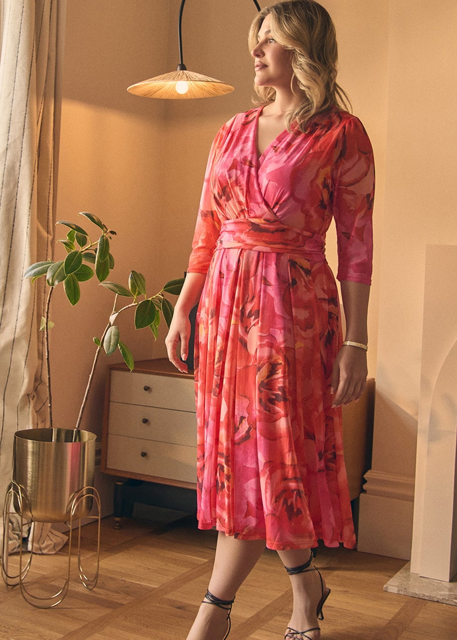 Izabel London Orange Floral Mesh Ruched Midi Faux Wrap Dress