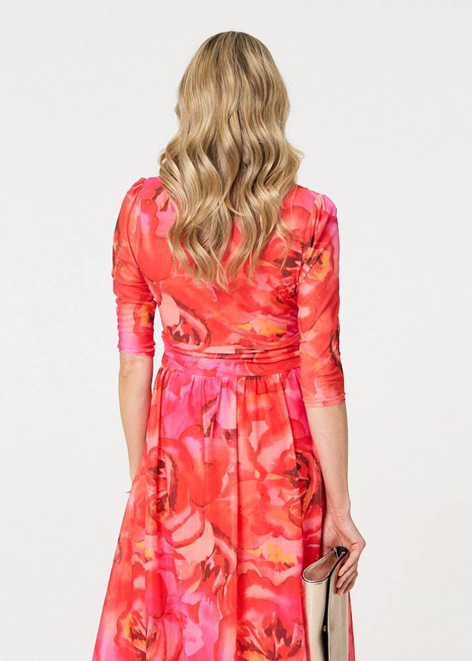 Izabel London Orange Floral Mesh Ruched Midi Faux Wrap Dress