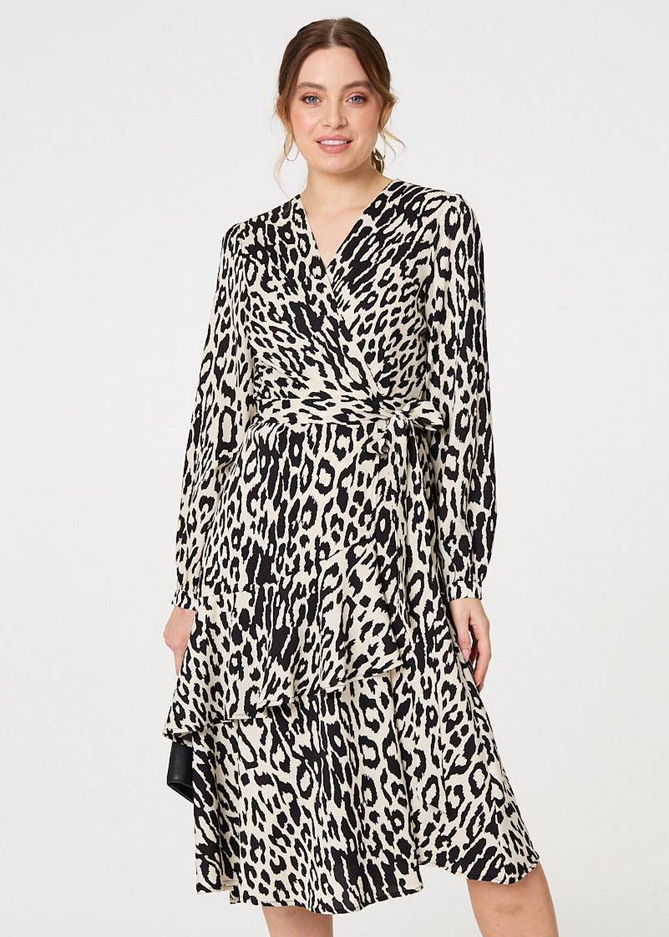 Izabel London Black Animal Print Ruffled Midi Wrap Dress