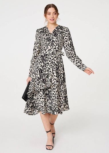 Izabel London Black Animal Print Ruffled Midi Wrap Dress
