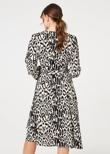 Izabel London Black Animal Print Ruffled Midi Wrap Dress