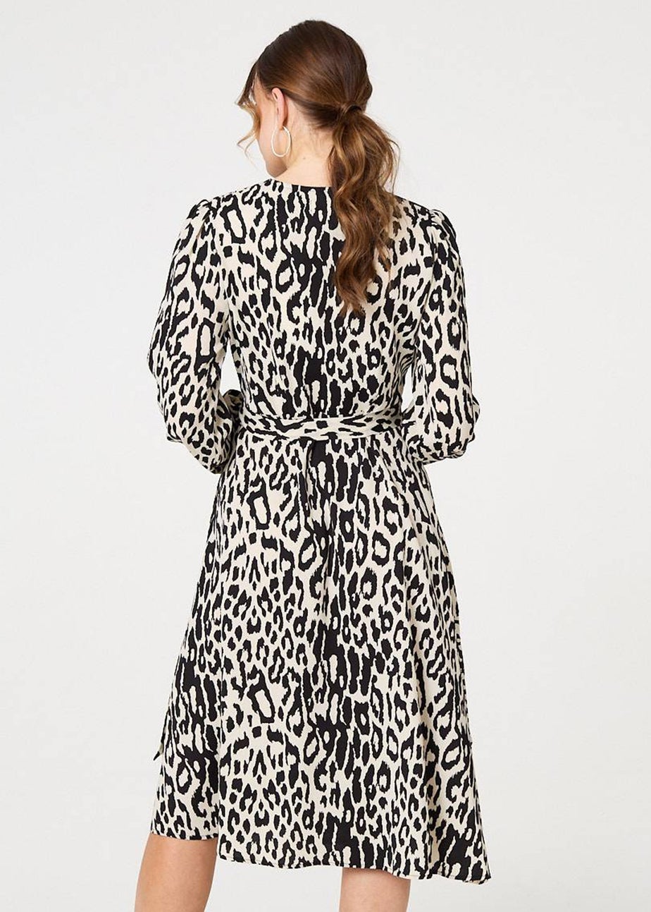 Izabel London Black Animal Print Ruffled Midi Wrap Dress