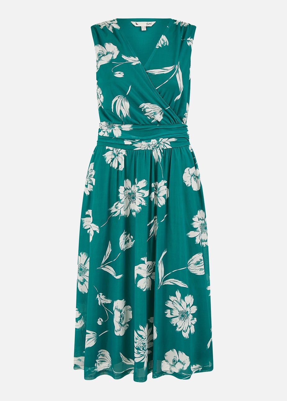 Yumi Green Floral Print Stretch Mesh Dress With Pockets