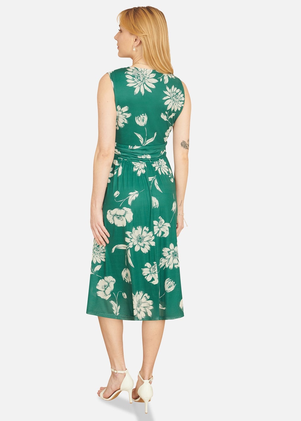 Yumi Green Floral Print Stretch Mesh Dress With Pockets