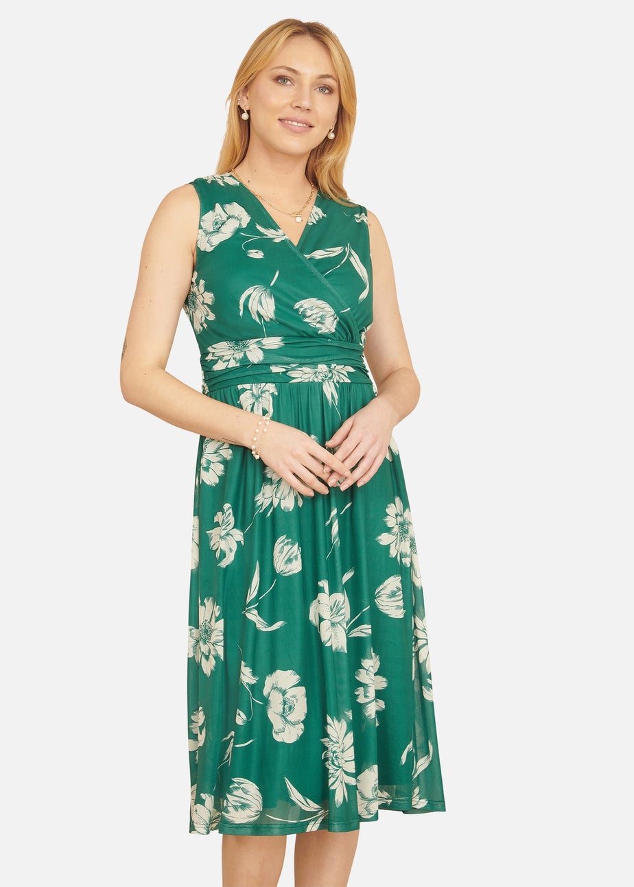 Yumi Green Floral Print Stretch Mesh Dress With Pockets