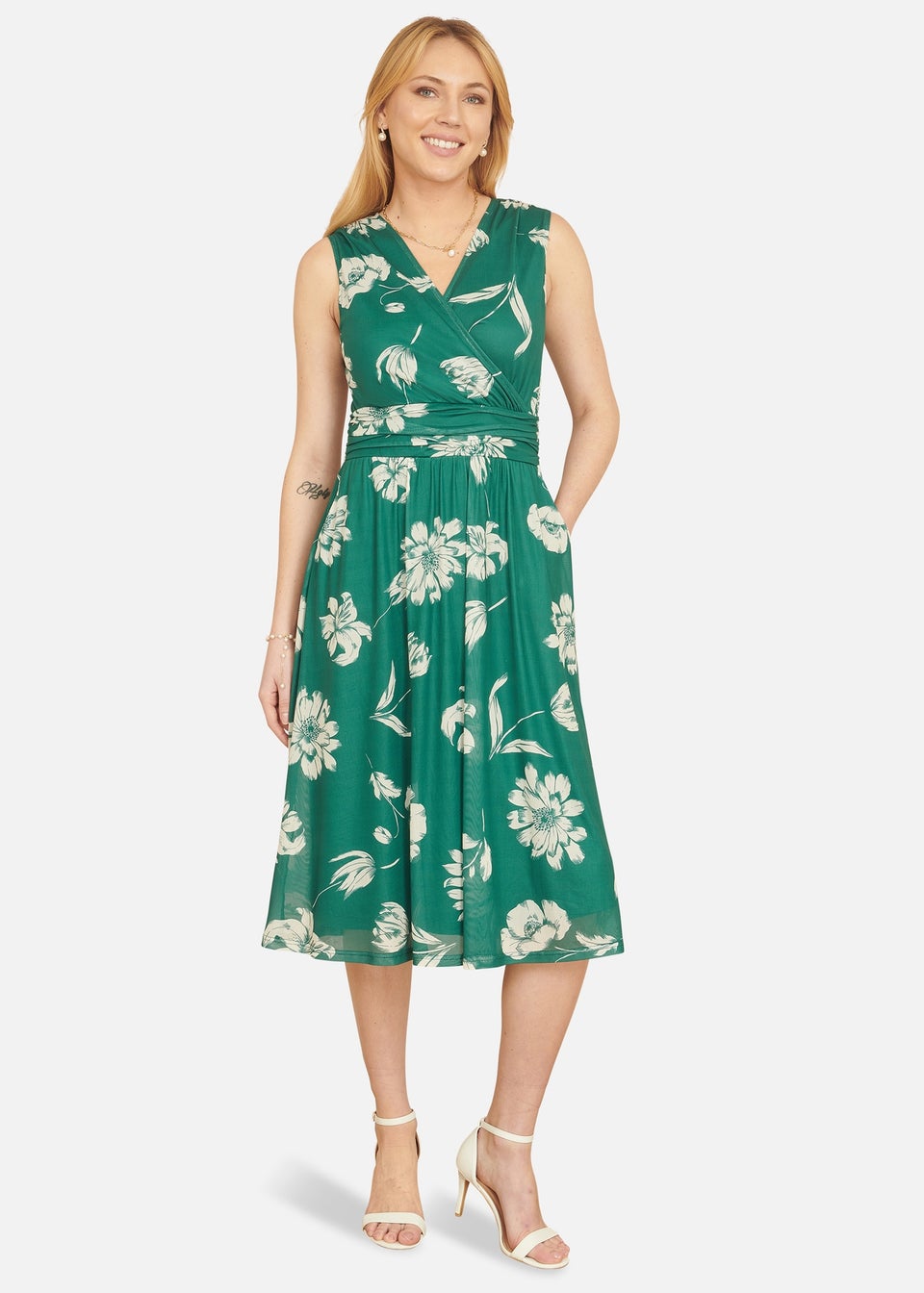 Yumi Green Floral Print Stretch Mesh Dress With Pockets
