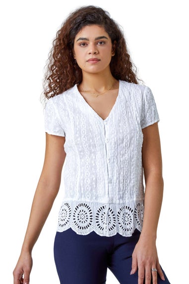 Roman White Cotton Embroidered Crinkle Blouse