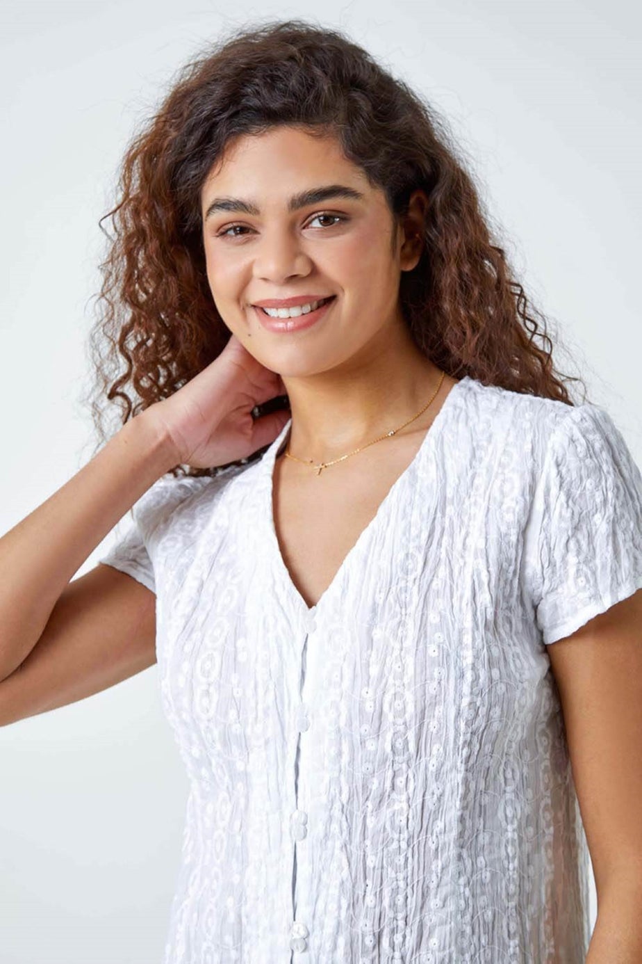 Roman White Cotton Embroidered Crinkle Blouse